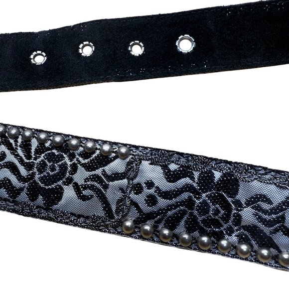 Vintage Black Floral Belt Silver Accents Ornate Buckle  Adjustable Fit